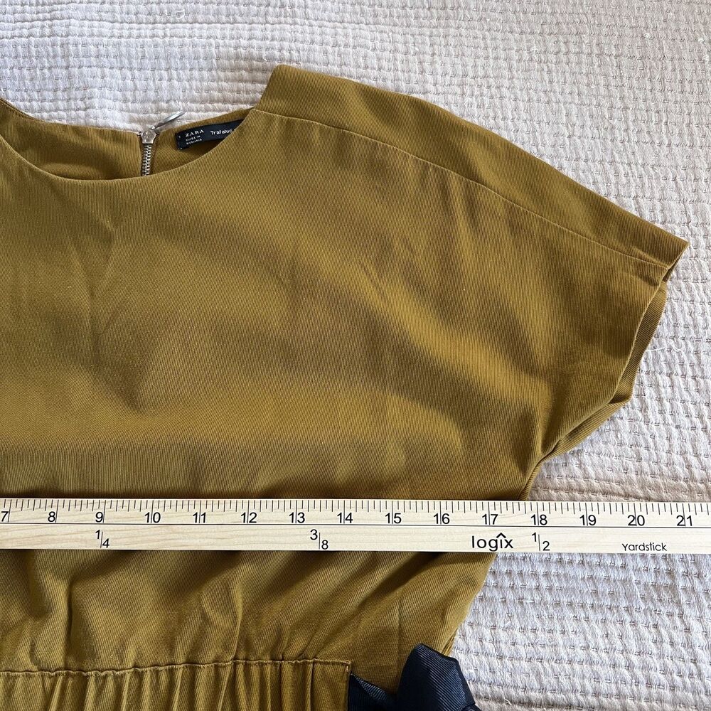 Zara Trafaluc‎ Mini Dress Womens XS Tan Yellow Short Sleeve Bow Tie Fit Flare - Picture 10 of 15